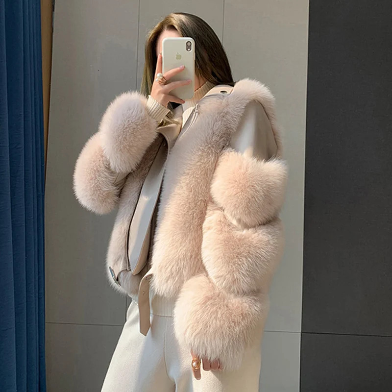 Winter 100% Natural Women's Jacket Real Fox Fur Coats Genuine Sheepskin Leather Coat Long Sleeve Wholeskin Female Parkas