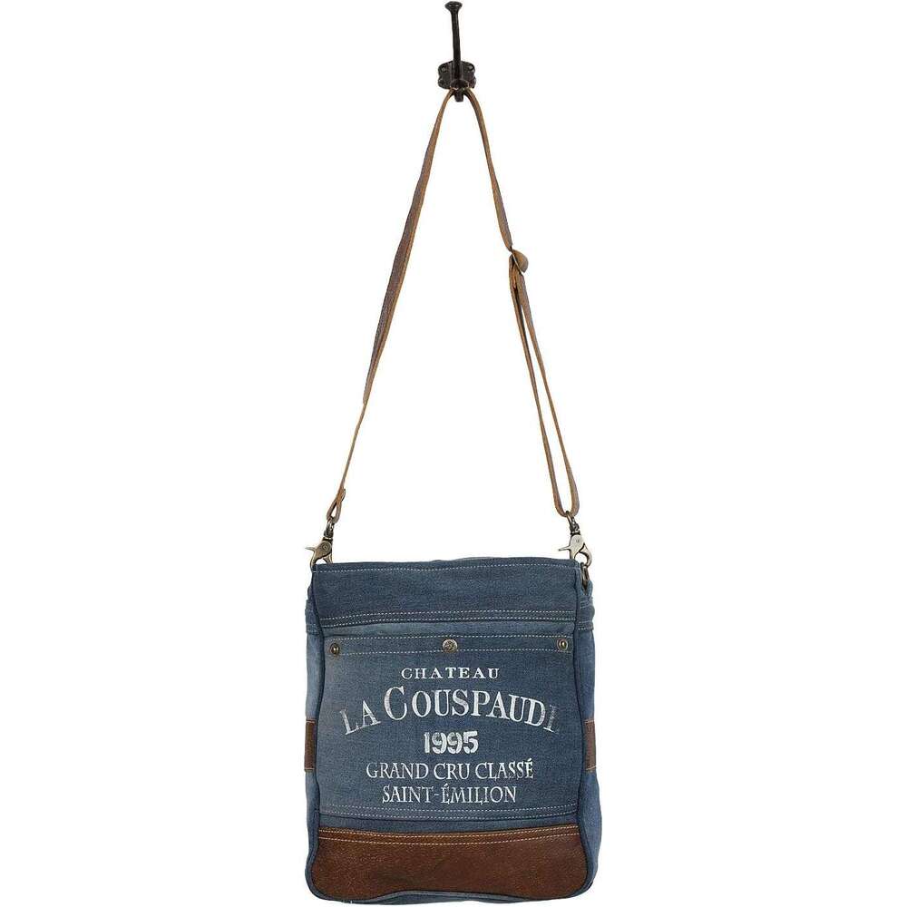 1995 Vintage Denim Upcycled Cotton Canvas & Leather Shoulder Bag S-1570