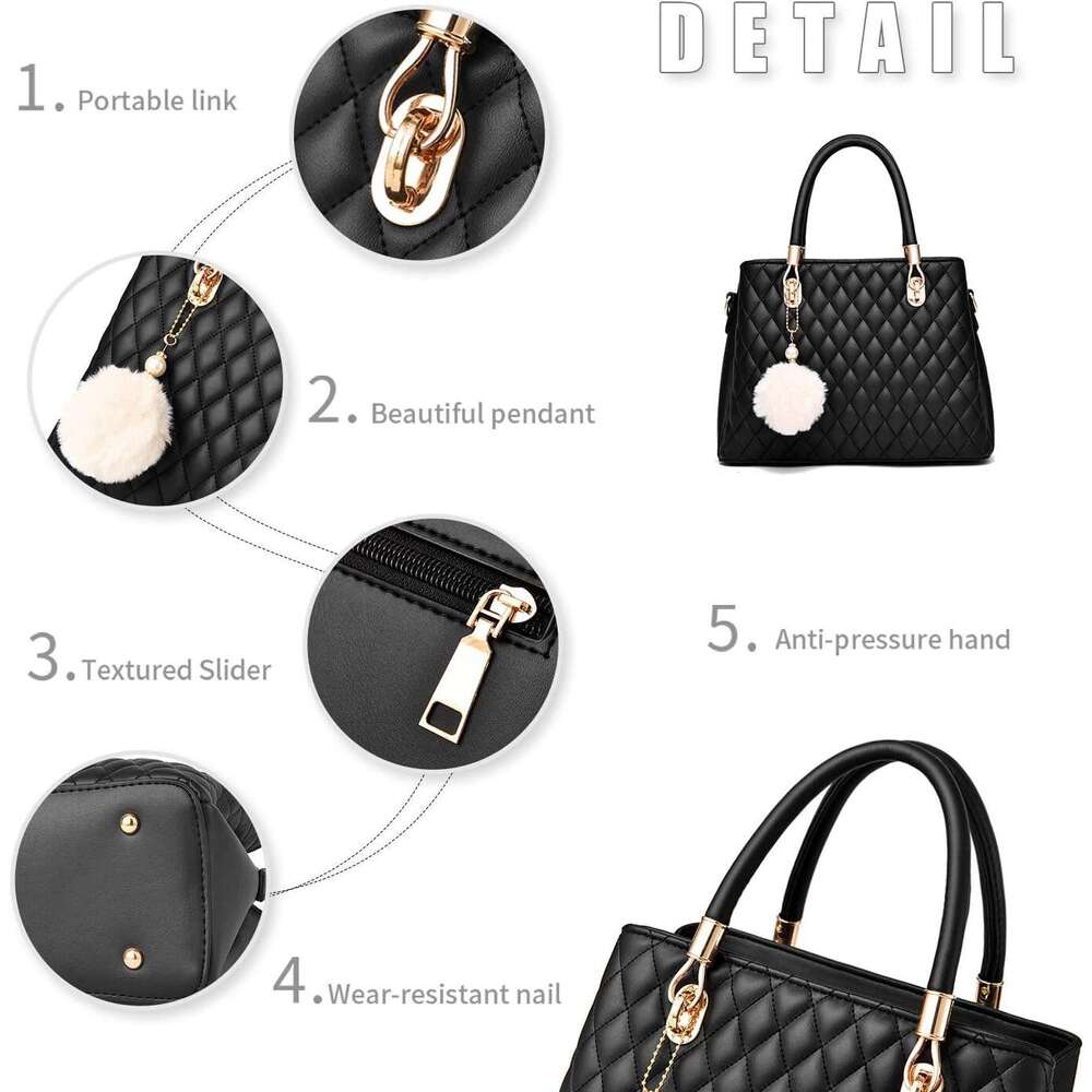 Womens Leather Handbags Purses Top-handle Totes Satchel Shoulder Bag for Ladies with Pompon