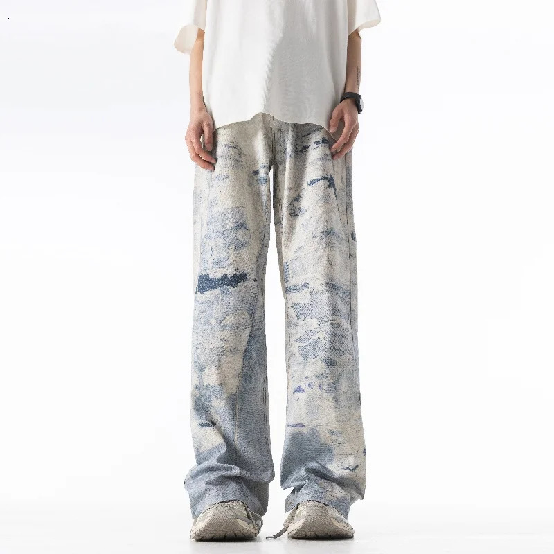 High end personalized 3D printed thick canvas denim pants Korean version hip-hop fashion motorcycle rider loose jeans 241007