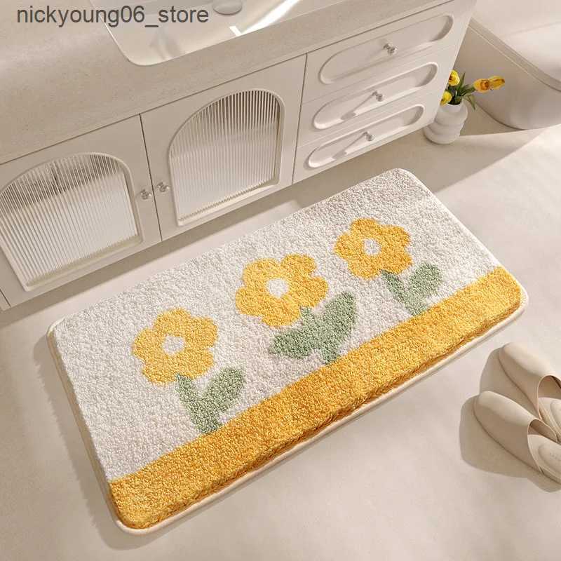 Non-Slip Bath Mats Yellow Flower Bath Mat Set Thick Flocking Microfiber Bathroom Carpet Toilet Foot Mat Non-slip Water Absorbent Rug Doormat L240910