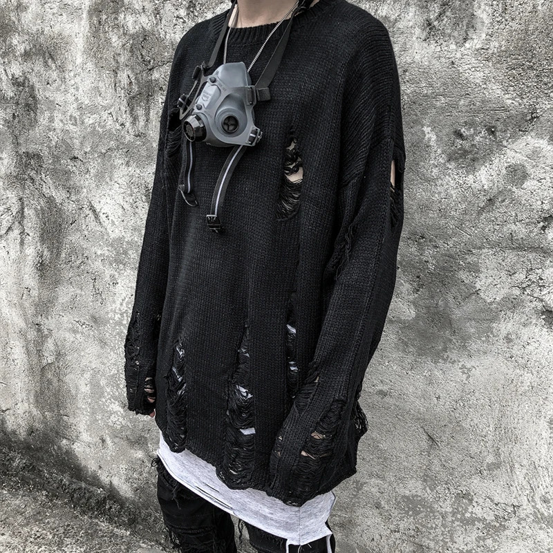 Black Red Striped Sweaters Washed Destroyed Ripped Sweater Men Hole Knit Jumpers Women Oversized Harajuku 240930