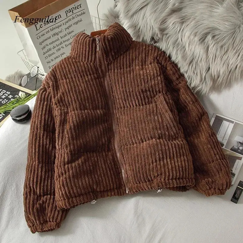 Korean Style Winter Corduroy Short Jacket for Women Black Loose Coats Casual Bread Warm Girl Oversize Coat Thick Parkas 240930