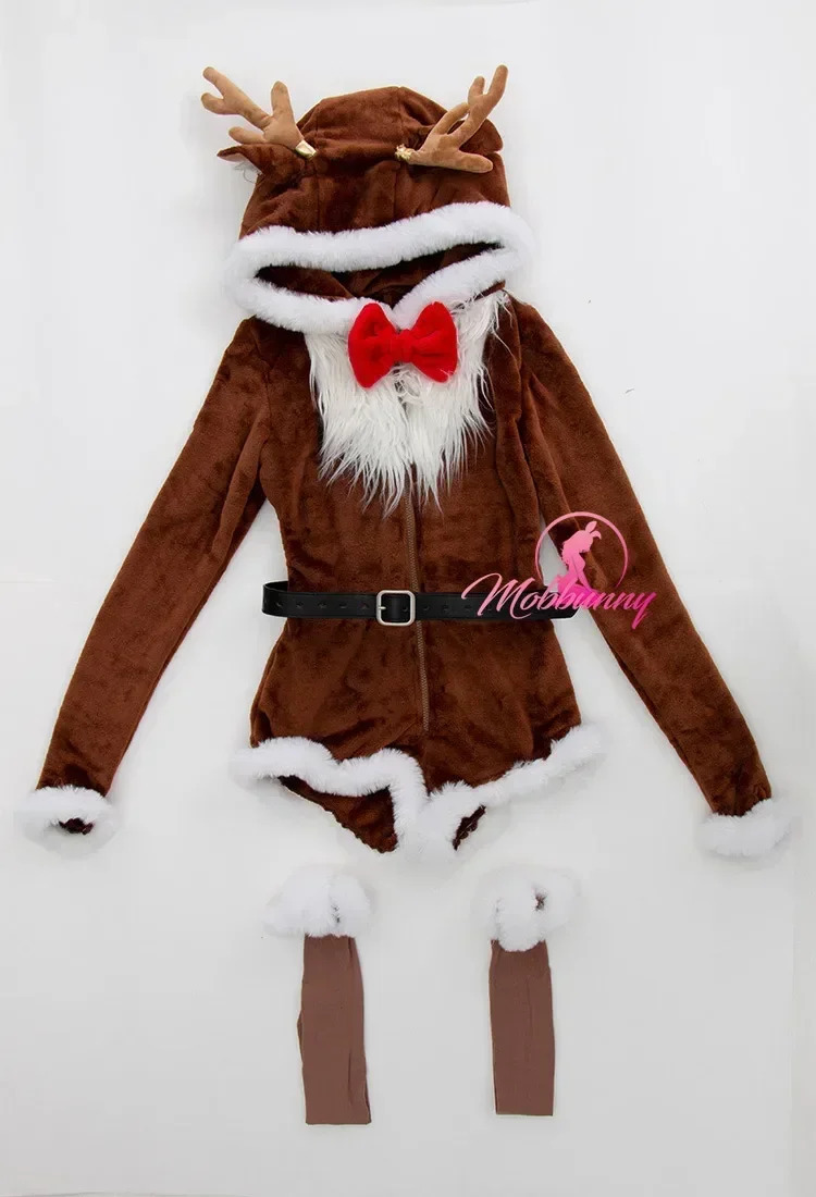 Mobbunny Womens Christmas reindeer fluffy tight jumpsuit sexy lingerie with socks home wear roleplaying 241007