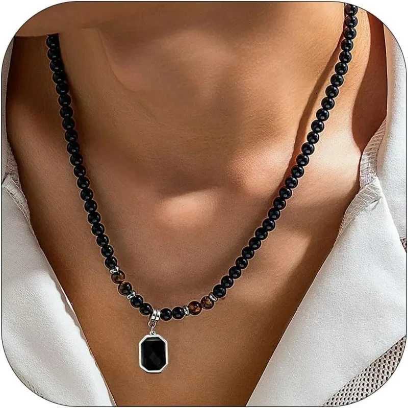 Black Matte Healing Stone Beads Necklace for Women Men Tigers Eye Beaded Necklace Retro black gemstone pendant hip-hop NecklaceX241009