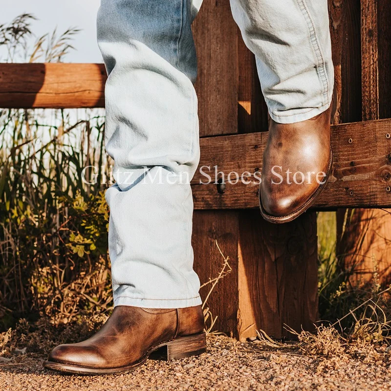 Western Cowboy Chelsea Boots Retro Mid calf Boots Corner Toe Classic Shoes Genuine Leather Worker Winter Mens Boots 240923