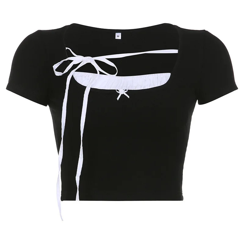 Y2K Soft Style Color-block Ruched Short Sleeve T Shirt 2024 Slim Bow-tie Cropped Top for Women 241010