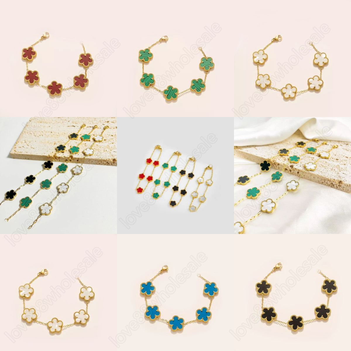 Luxury Designer Bracelet Crystal Flower Four Leaf Clover Charm Bracelet Mother of Pearl Agate Gem Shell 18K Silver Gold Plated Chain Bracelet Women Designer Jewelry
