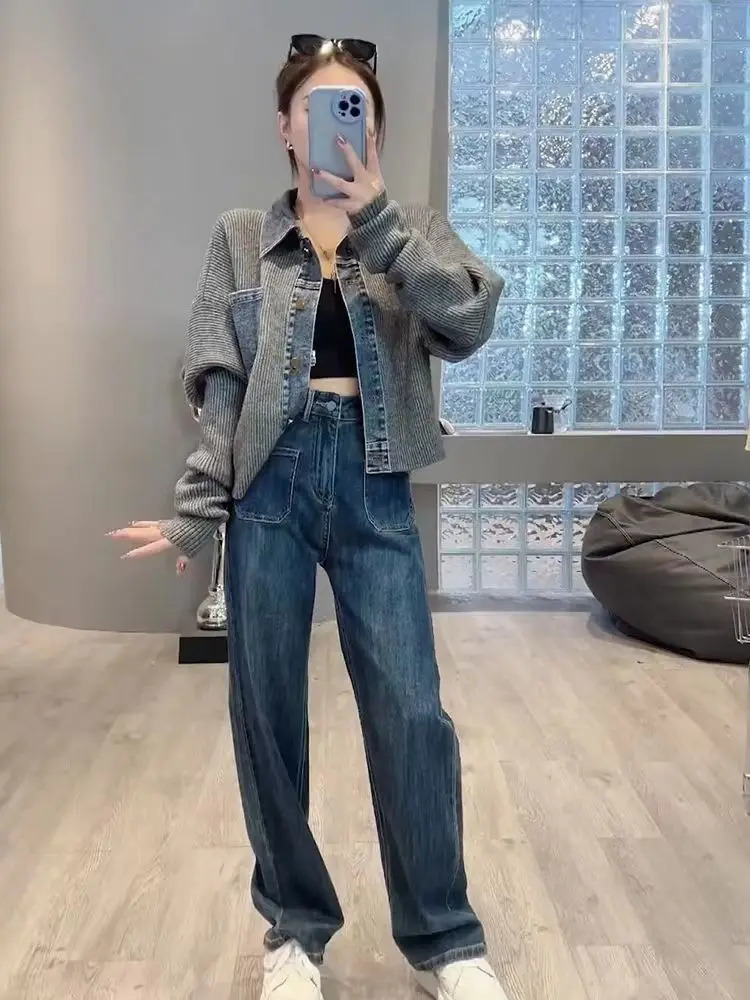 Vintage Denim Patchwork Loose Fashion Crop Knitted Cardigan Top For Womens Autumn Stitching Sweater 241007