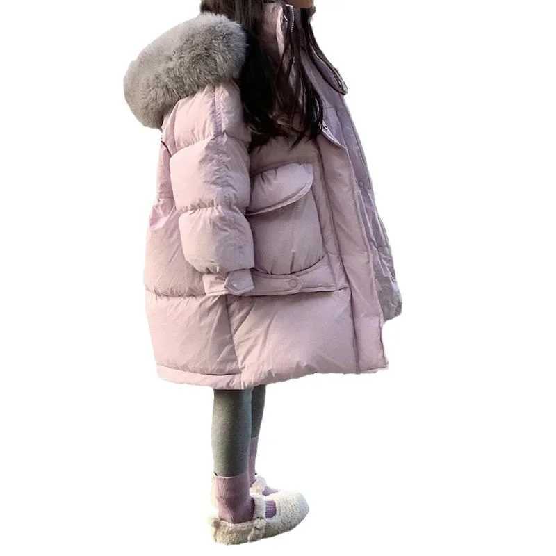 Down Coat Girl Parkas fur collar hooded childrens cotton lined clothes 2024 new thick warm solid color jacket Parkas H241010