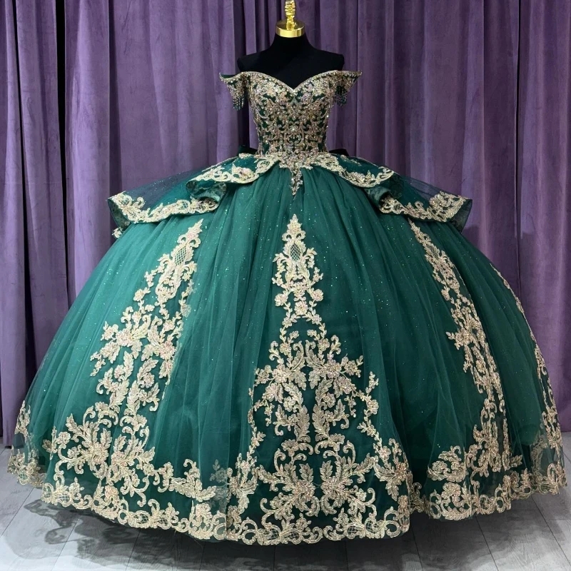 Emerald Green Shiny Quinceanera Dresses Sweet 16 Princess Gown Gold Applique Lace Beads Birthday Party Dress Vestidos 15 De Anos