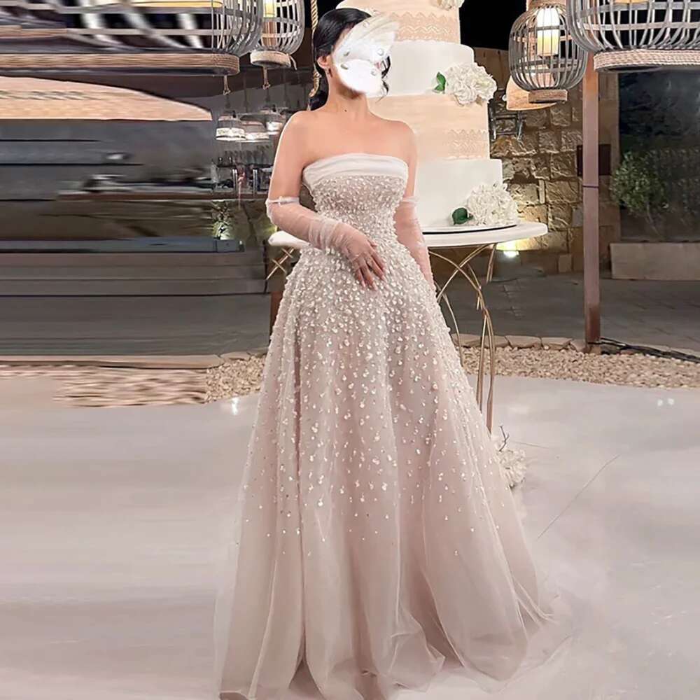 Serene Hill Arabic Beige Strapless Beaded Elegant A e Long Evening Dresses Gowns For Women Wedding Party 2024