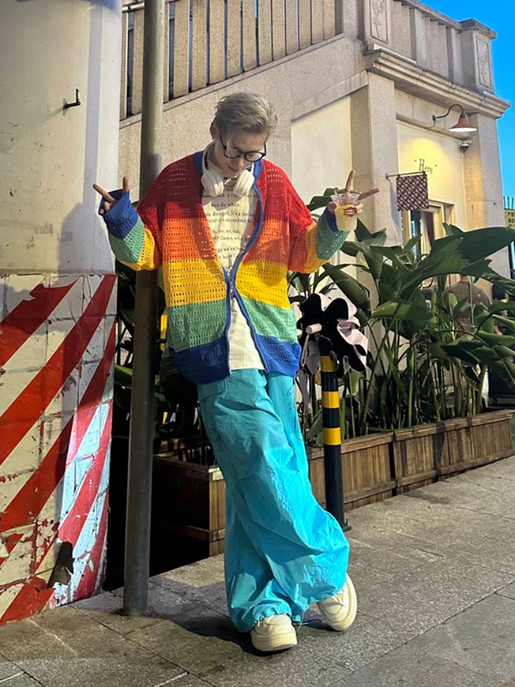 Colorful cardigan mens loose Japanese style street handsome Y2k aesthetic fully matched spring and summer unisex fashion casual 241007