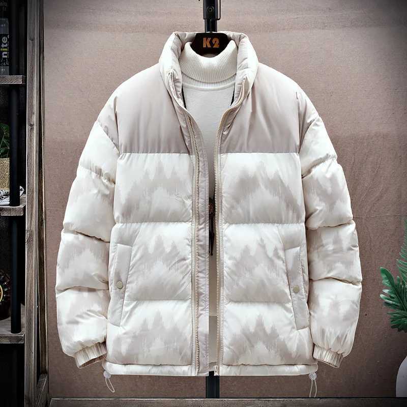 Men's Down Parkas Plush Jacket Men Winter Patchwork Stand-up Collar Printing Coat Cotton-Padded Jacket Unisex Thick Warm Vintage Fashion Parkas Y