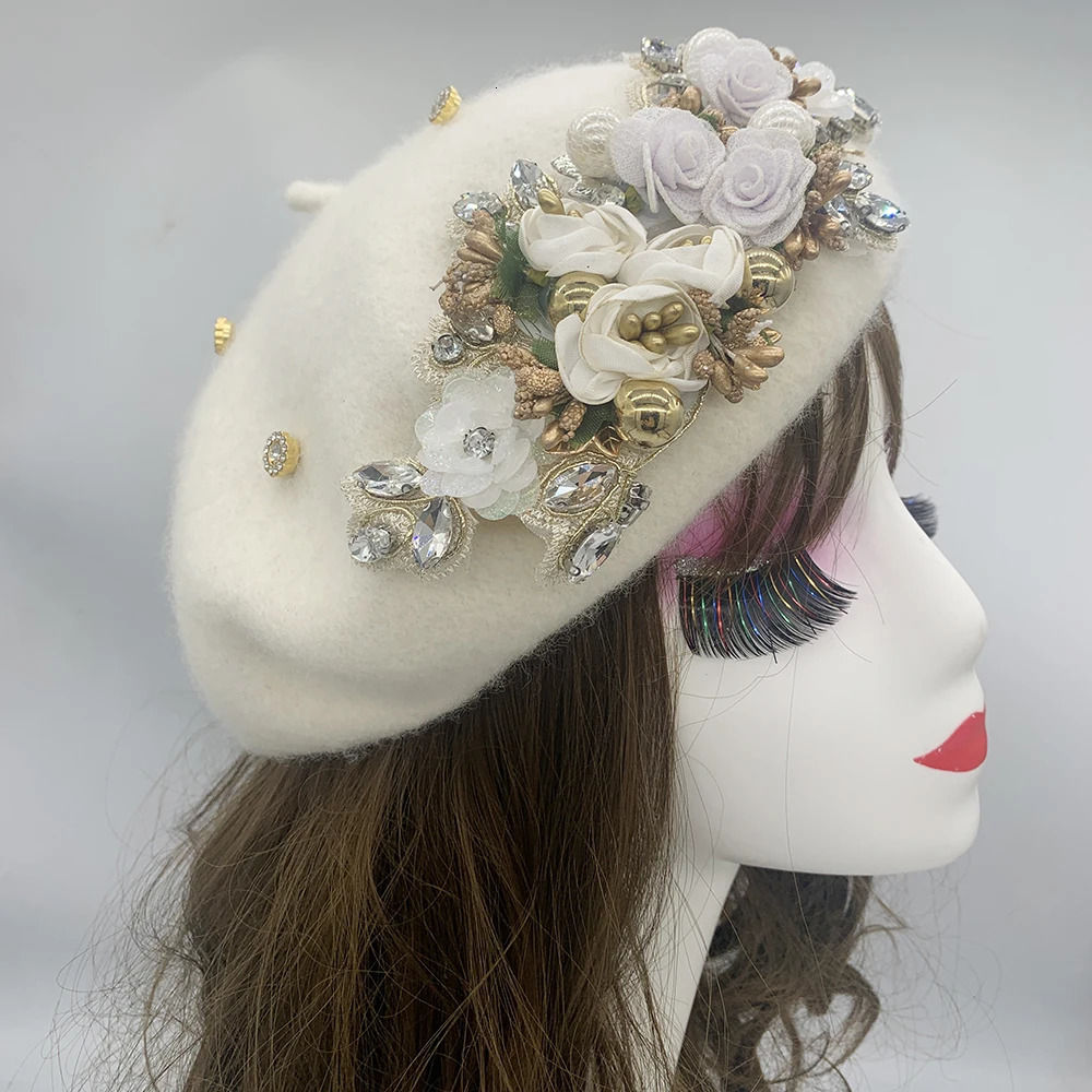 2024 Winter Autumn Womens Beret Hat Flower Diamonds Lady Beanies Cap French Retro Female Head Wrap Bonnet 241009