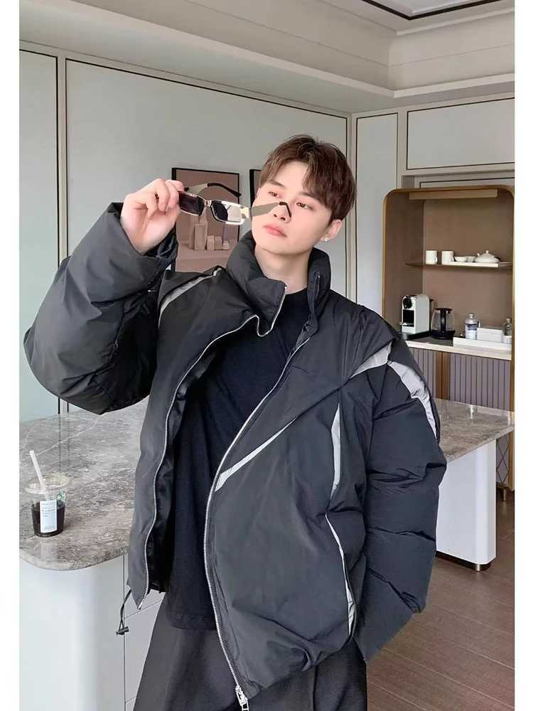 Men's Down Parkas American oversized Parka mens color block pleated paddle jacket high waist loose fit warm zipper jacket winter casual top Y2410