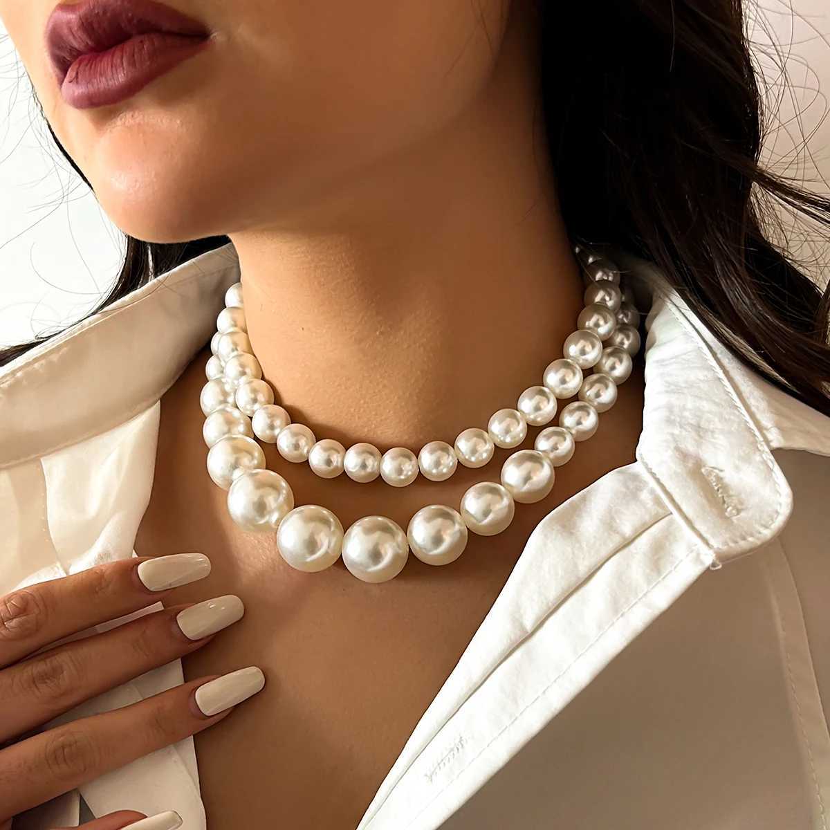 2Pcs/Set Exaggerated Big Imitation Pearl Clavicle Chain Necklace for Women Wed Bridal Goth Beads Choker Grunge Jewelry SteampunkX241009