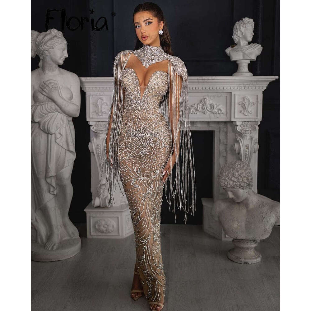Long Tassel Shoulder Evening Dress Heavy Handmade Crystals Midi Maix Prom Gowns Dubai Vestido Noiva Vestidos De Gala