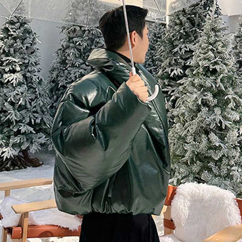 Men's Down Parkas IEFB American style mens PU leather down jacket solid color new trend mens park niche design cotton coat 2024 winter 9C4005 Y24