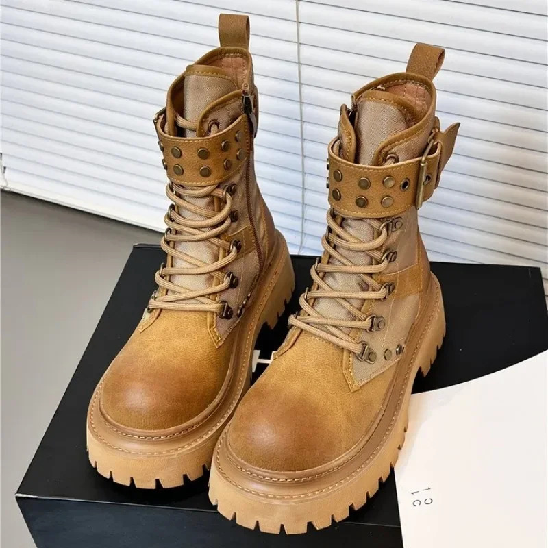 Buckled platform combat boots womens short and chubby high heels lace ankle boots womens side zippers PU leather short boots 241007