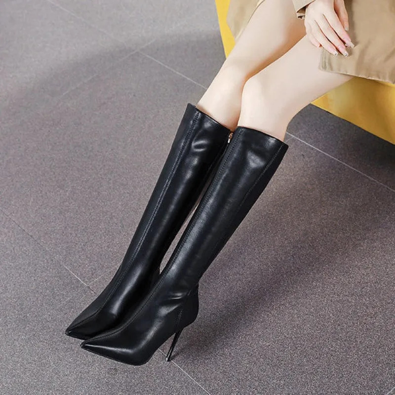 Black womens boots long pointed toes super high heels womens boots winter knee shaft boots trend 2024 half season hot 240930