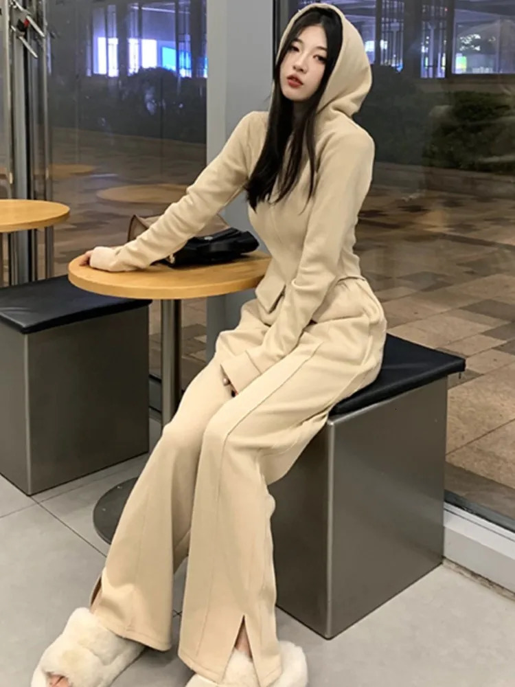 Y2K Solid Two Piece Tracksuit Womens Hoodie Zipper Jacket High Waist Wide Leg Pants Korean Fashion Street Slimming Set 241008