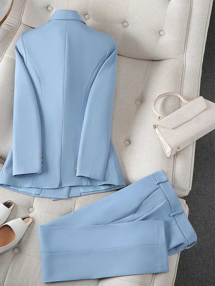 High quality office womens long pants set solid color womens workwear jacket and Trouser womens 2-piece set W241009
