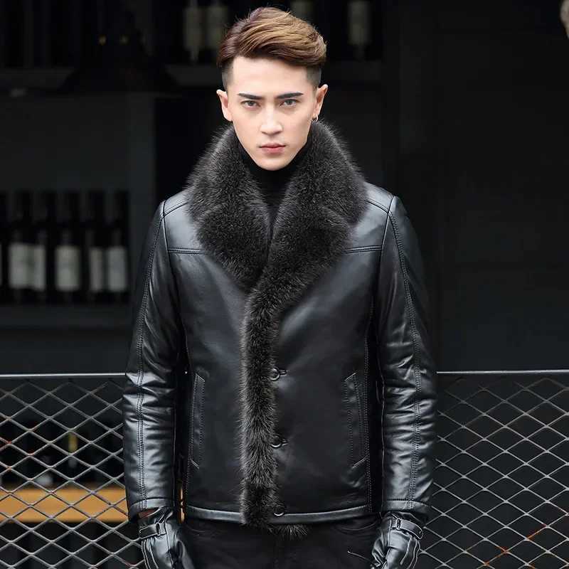 Mens genuine leather coat raccoon fur collar fur mens thick leather jacket winter ultra-thin fur coat sheepskin coat cardigan mens W241009