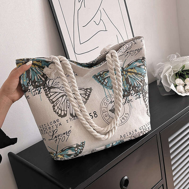 Creative printing large new casual and fashionable canvas women's bag, Korean version single shoulder diagonal cross thick rope beach bag