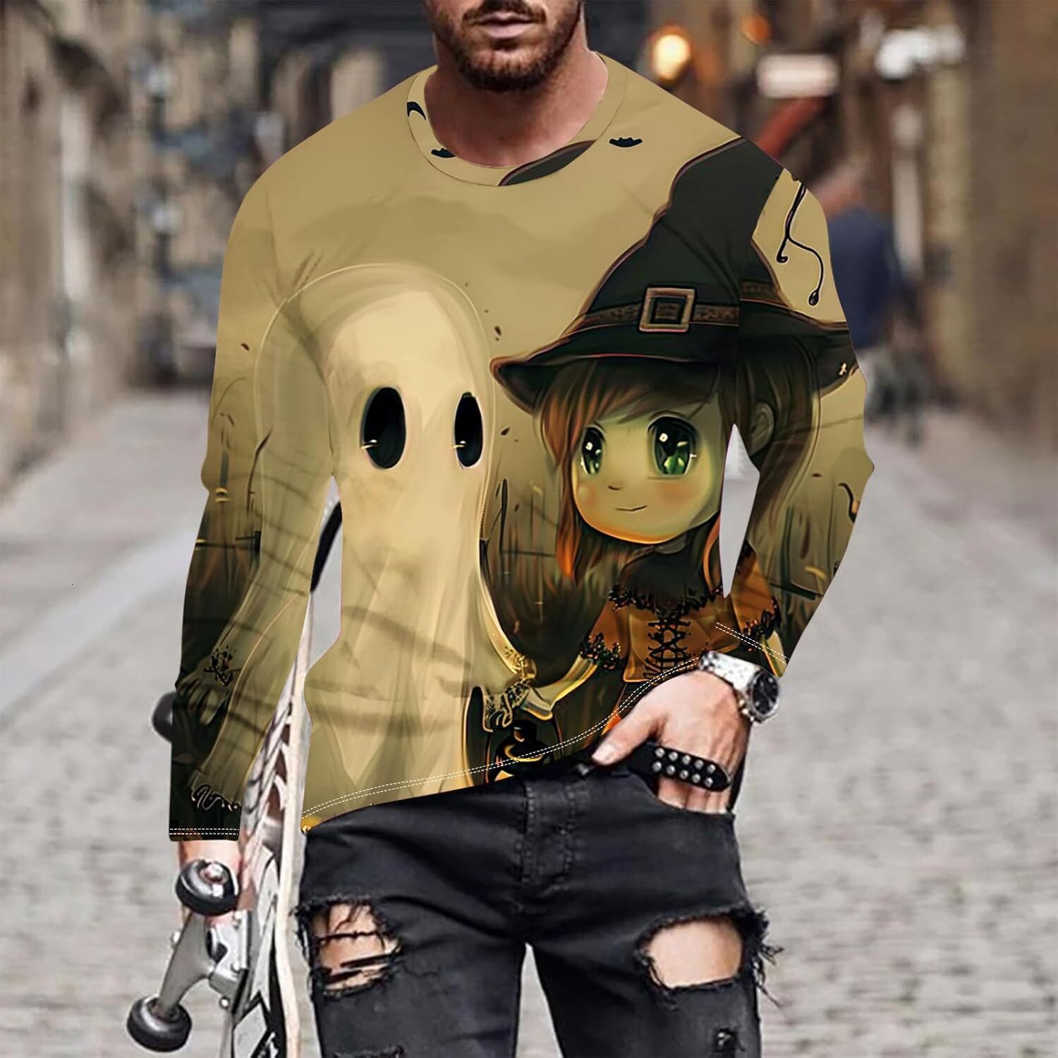 Long Sleeve Shirts for Men sweatshirt Mens Pumpkin Ghost Crewneck Casual T-Shirt 3D Print Cute Funny Halloween Costume Streetwear Casual tops clothes