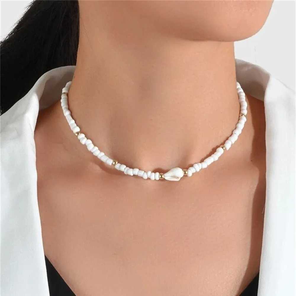 Boho Fashion Boho White Bead Chain Conch Shell Pendant Necklace For Women Vintage Female National Style Girlfriend Gift JewelryX241009