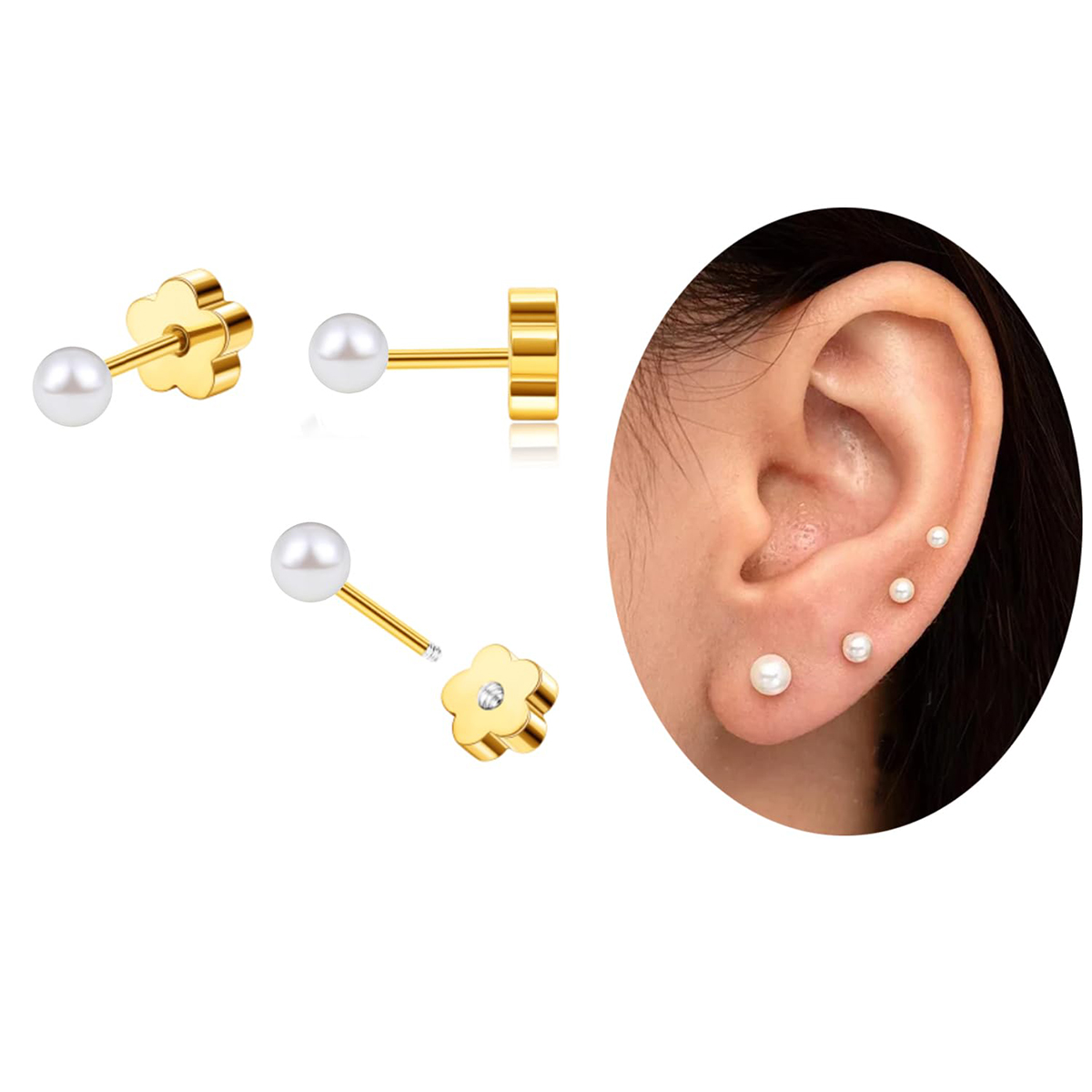 TUPMI Flat Back Pearl Stud Earrings for Women Girls Stainless Steel Small Pearl Cartilage Earrings Hypoallergenic Pearl for Sensitive Skin Helix Pierc
