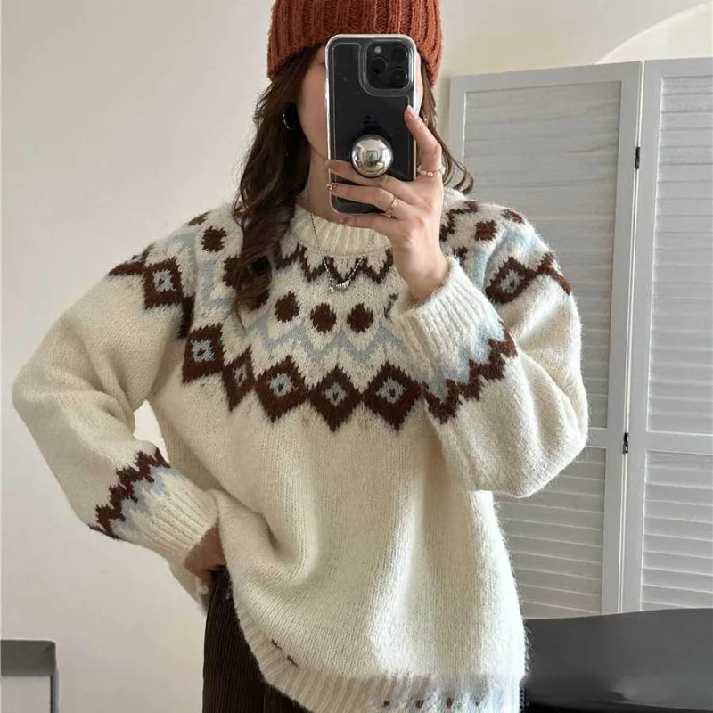 Deeptown Vintage Fair Isle Womens Sweater Korean Fashion Long Sleeve Knitted Zipper Loose Autumn Winter Preparatory Aguilar Parachute 241009