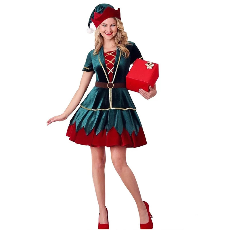 Christmas Green Elf Fancy Costume y Role Playing Santa Claus Year Womens Carnival Party Dress Set Gift 241007