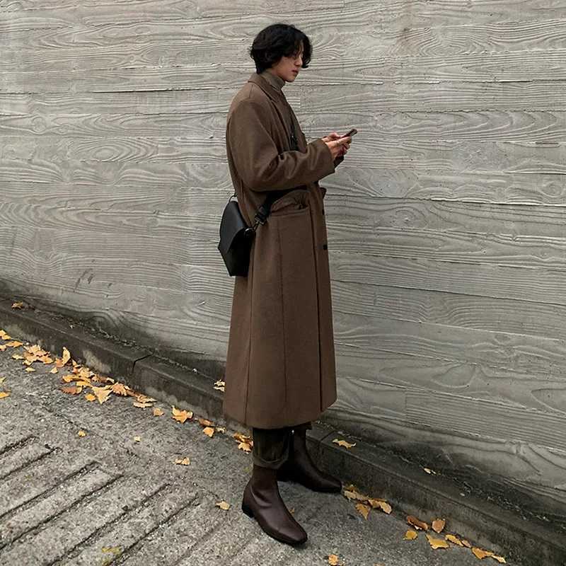 Woolen Coat Mens Long Autumn and Winter Thickened Korean Version Loose Fashion Casual British Trench Coat LX241010