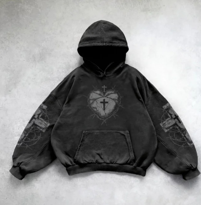 Harajuku Gothic Skull Cross Hooded Sweater Mens Hip Hop Punk y2k Exquisite Pattern Personalized Cotton Street Oneck Tshirt 241010