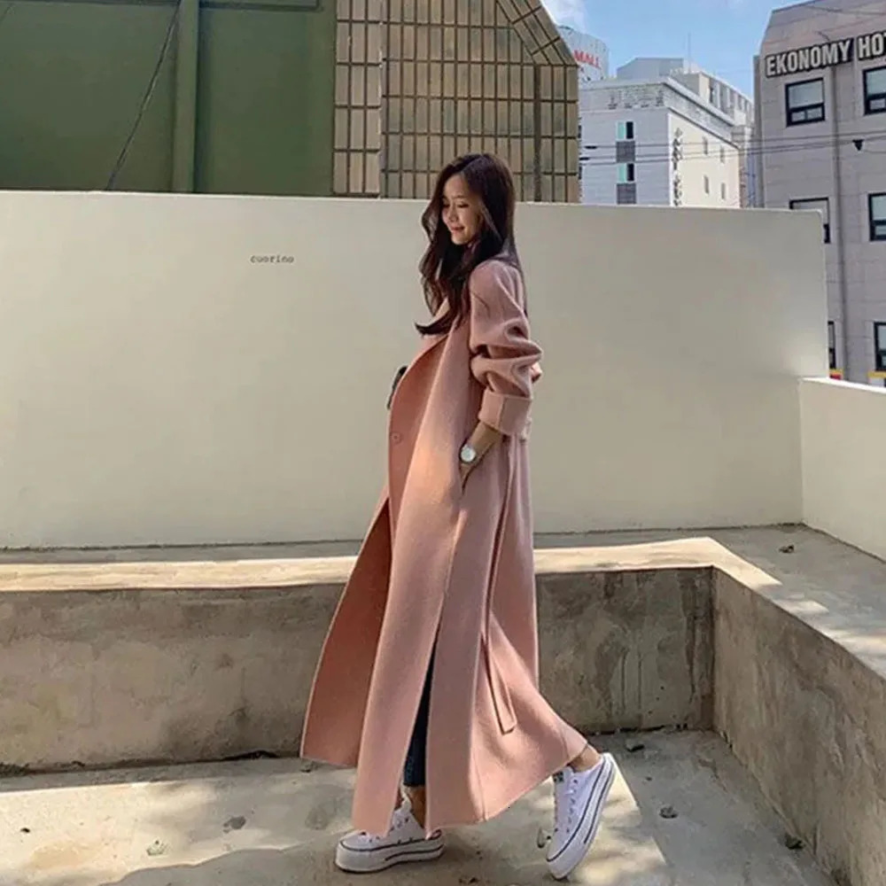 2023 Korean Style Women Long Woolen Blends Jacket Casual Cardigan Coats Fashion Autumn Overcoat Lady Wool Coat Warm Pink Outwear 241008