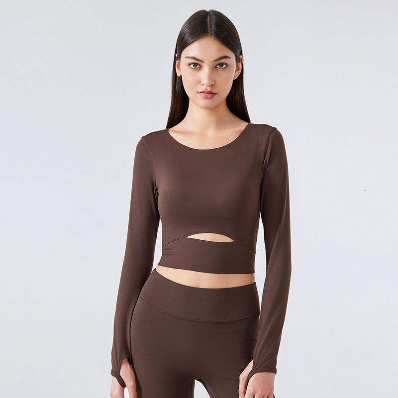New nude yoga suit long sleeved with chest cushion elastic tight running and fitness top S2032