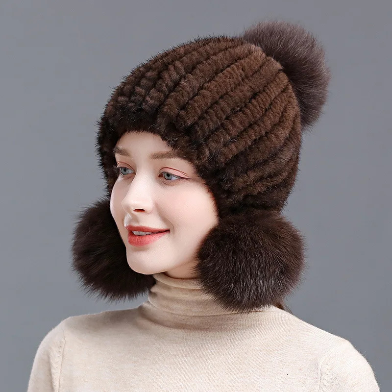 Winter selling womens real mink fur hat knitted ear warm spiral bean with fox fluffy top 241009
