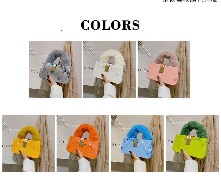 Artificial fur top handle acrylic party box clutch fashion wallet and handbag female er evening bag chain shoulder bag 241008