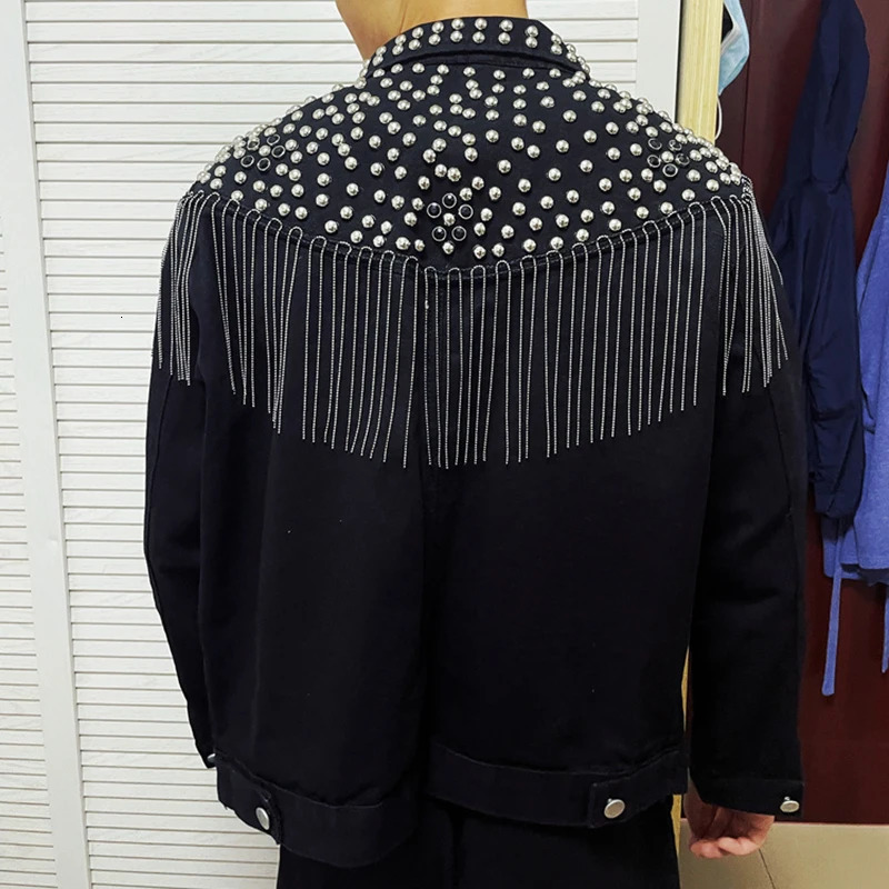 PFHQ Mens Denim Coat Short Heavy Industry Bead Tassel Korean Stage Performance Handsome Delicacy Jackets Spring 21Z3714 241010