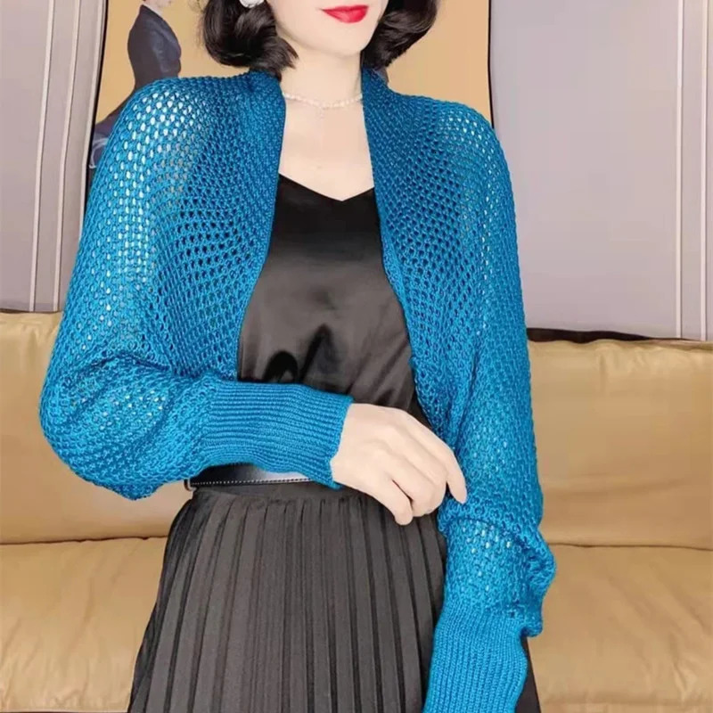 Sunscreen Crop Knit Cardigan Women Korean Style Solid Color Thin Coat Woman Simple Long Sleeve Smock Top Ladies 241007