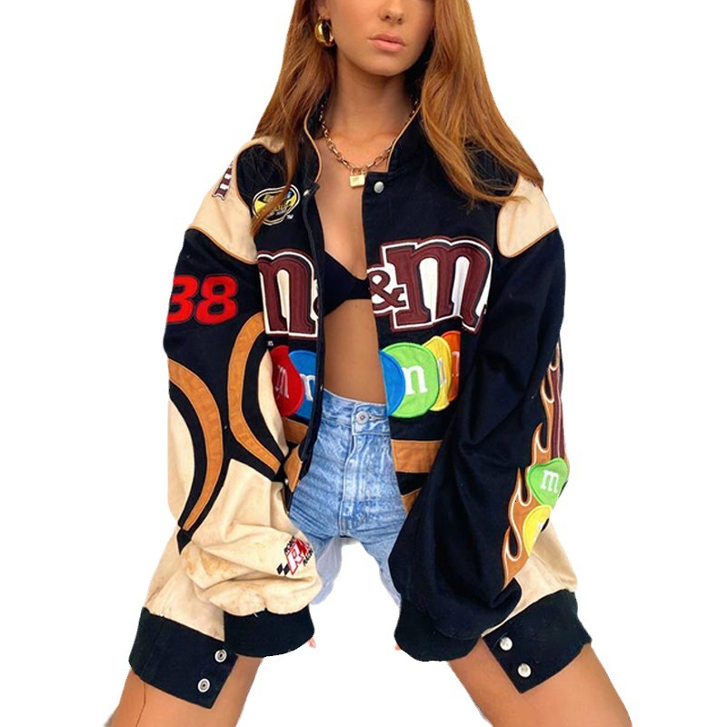 Cross border 2022 autumn new jacket Amazon motorcycle style color blocked print casual loose long sleeved trench coat jacket