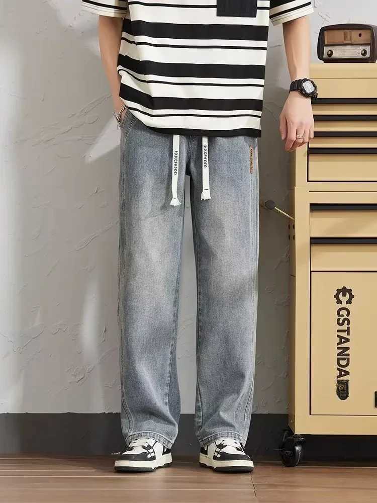 Mens Jeans American Loose Straight Casual Wide Pants Cotton Casual Vintage Male Baggy Denim Trousers Blue BlackX241009