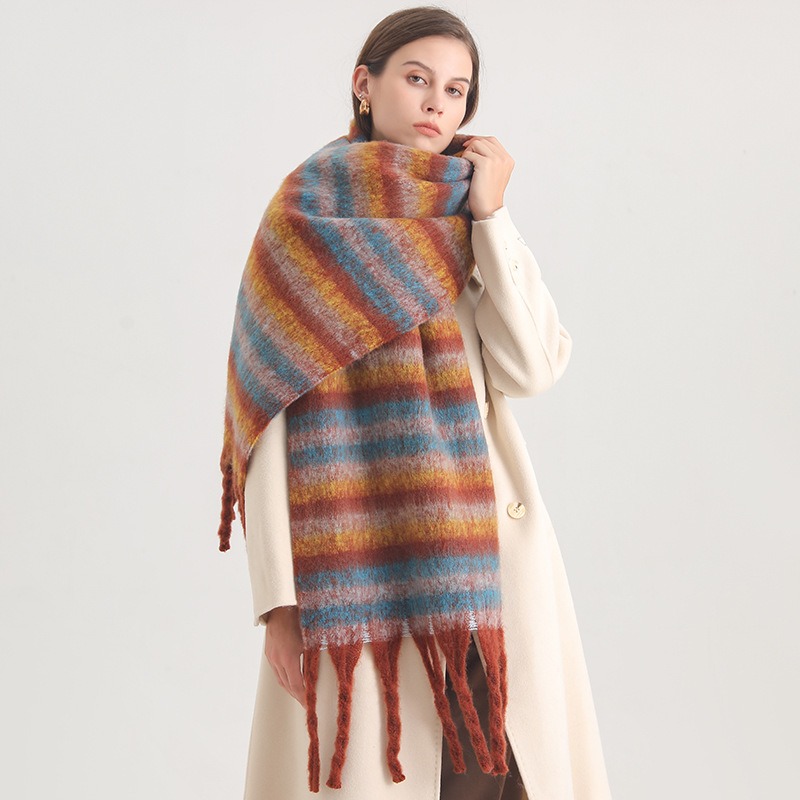 Coarse Striped Scarf Imitating Cashmere Winter New Warm Long Tassel Scarf for Men and Women Student Shawl