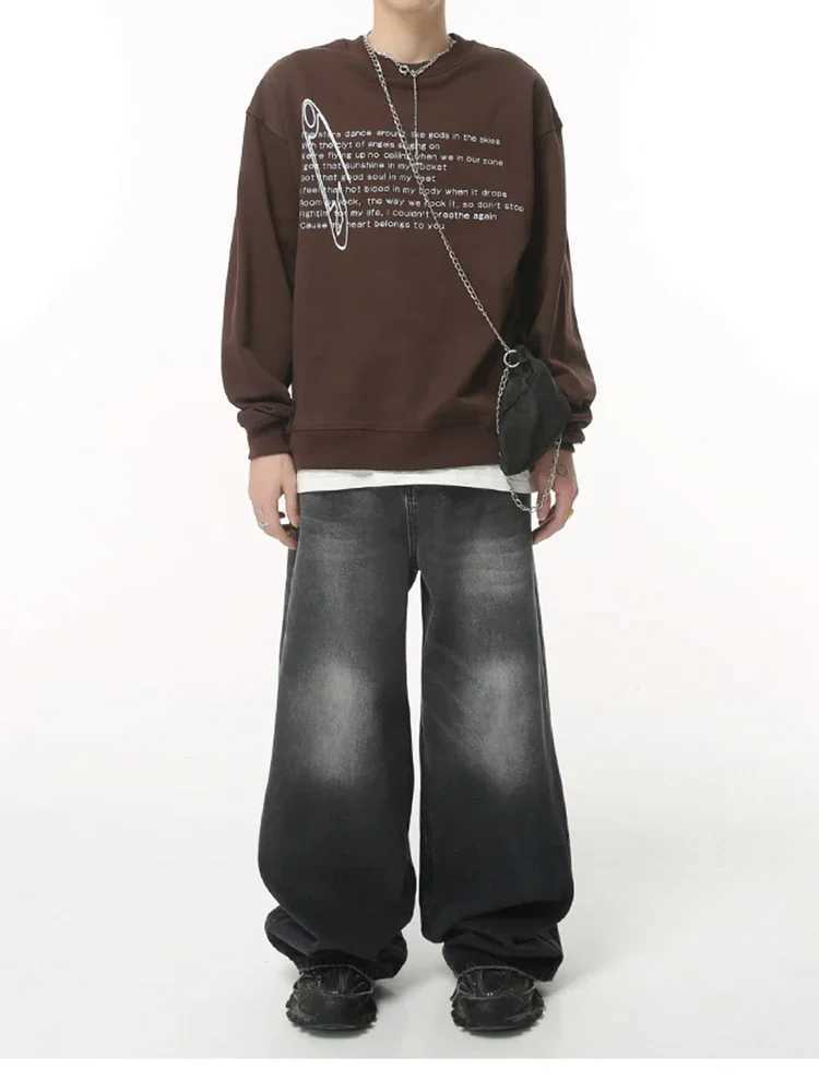 Street Fashion American Retro Black Gray Denim Pants New Trendy Denim Zipper Wide Leg Loose Straight Leg PantsX241009