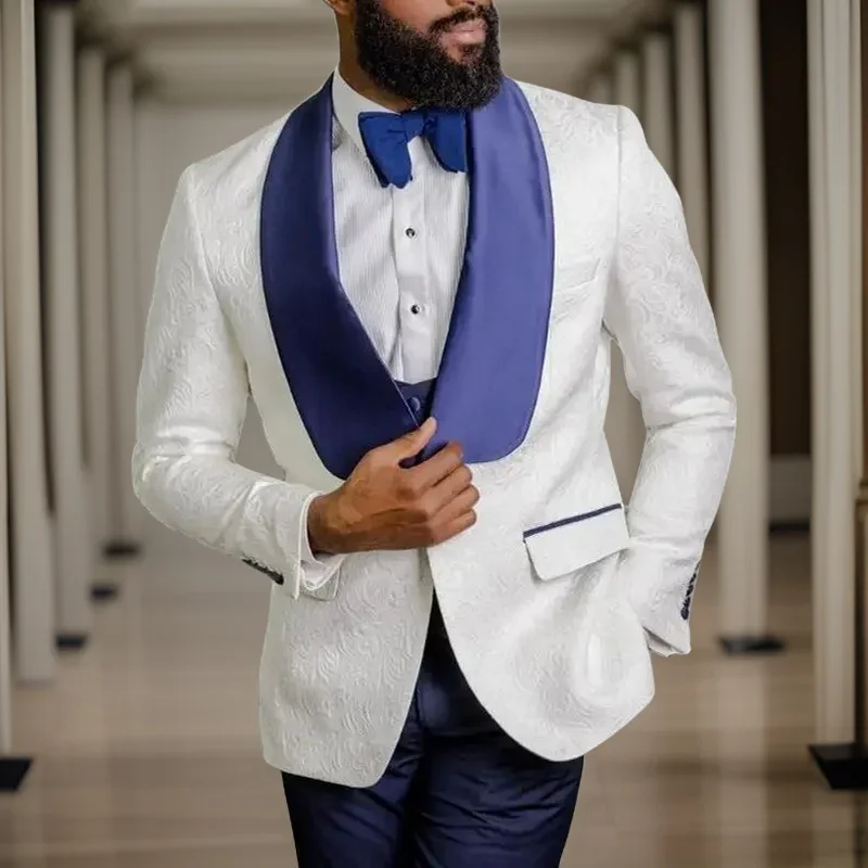 Formal Men Suits For Wedding Slim Fit 3 Pcs Groom Tuxedo Blue Shawl Lapel Floral Pattern Custom Fashion Jacket Vest Pants 2024