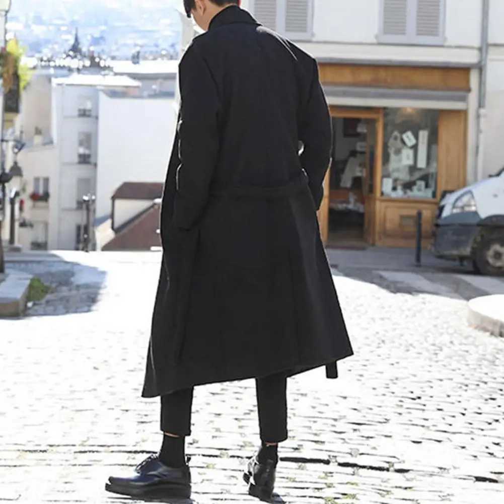 Korean Mens Overcoat Loose Autumn Winter Belt Windbreaker Wool Blend Mid-length Long Sleeve Woolen Coat LX241010