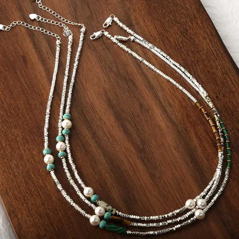 Natural stone pearl beads silver plated necklace female light luxury niche collarbone necklace accessoriesX241010