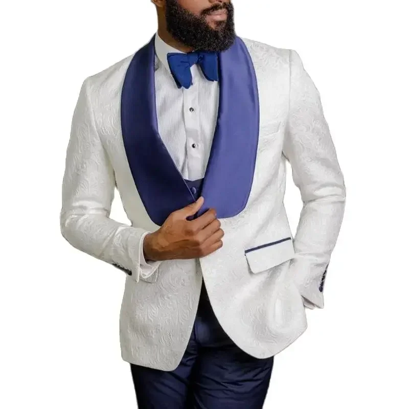 Formal Men Suits For Wedding Slim Fit 3 Pcs Groom Tuxedo Blue Shawl Lapel Floral Pattern Custom Fashion Jacket Vest Pants 2024